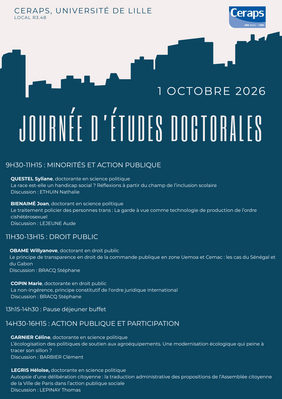 Affiche de la journée d'études doctorales 2026 du ceraps comportant le programme accessible sur la présente page de l'événement (image)