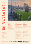 Affiche des conférences indiquant le programme de l'année (cf fichier pdf joint) et une photo urbaine présentant une rue avec une poubelle, un petit espace vert avec un arbre, une voie sur pont au loin, des bâtiments et de la circulation routière