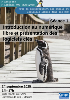 Affiche de la séance 1 de l'atelier indiquant les informations pratiques. Un pingouin tourné vers la gauche regarde une barrière (image)