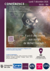 Affiche de l'événement : une photographie de profil de M. Foucault avec des inscriptions reprenant certaines notions et concepts. Titre et informations pratiques du séminaire qu'on trouve dans le détail de l'événement